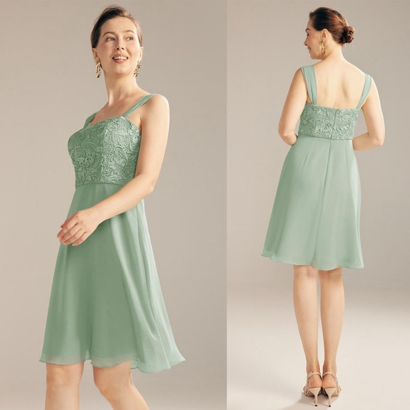 JJ’s House Chiffon Lace Square-Neck Formal Midi Dress in Celadon | 18 - Picture 1 of 5